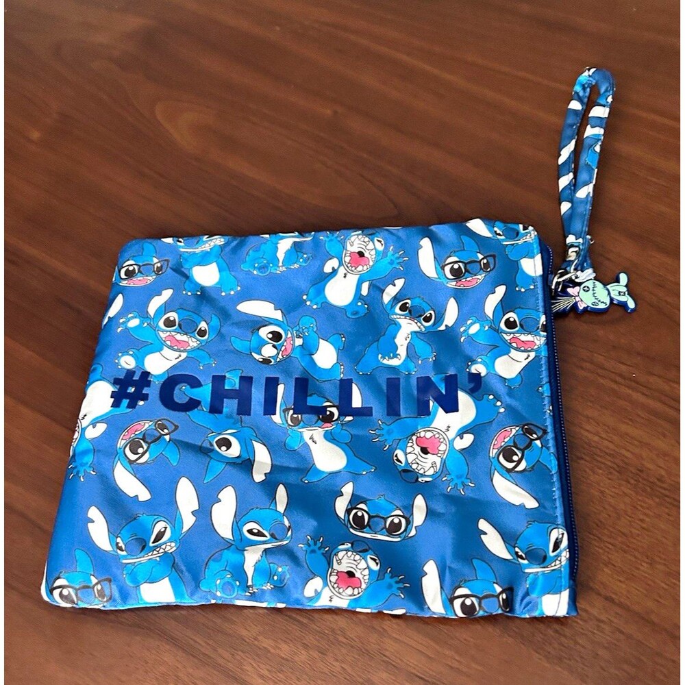 Disney Lilo & Stitch Stitch #CHILLIN Blue Wristlet Bag w/ Keychain size 9 x 8”
